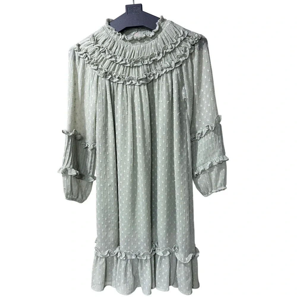 Zara Girls Size 10 Sage Green Swiss Dot Ruffle Long Sleeve Boho Shift Mini Dress